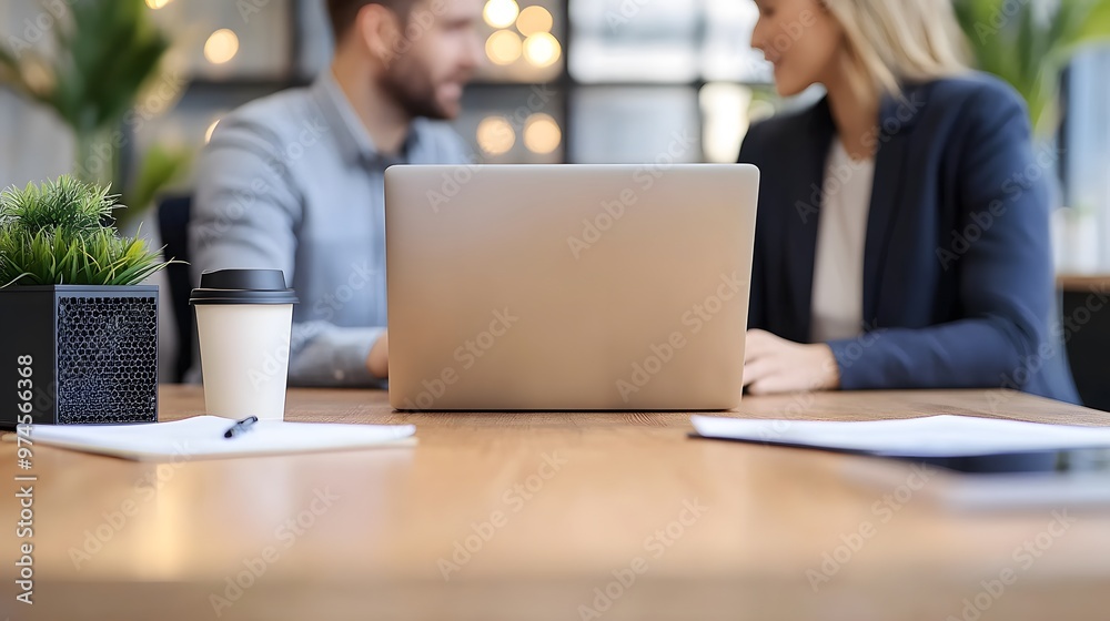 Closeup of a laptop on a wooden table with a blurred background of two people in the background Closeup of a laptop on a wooden table with a blurred background of two people in the background