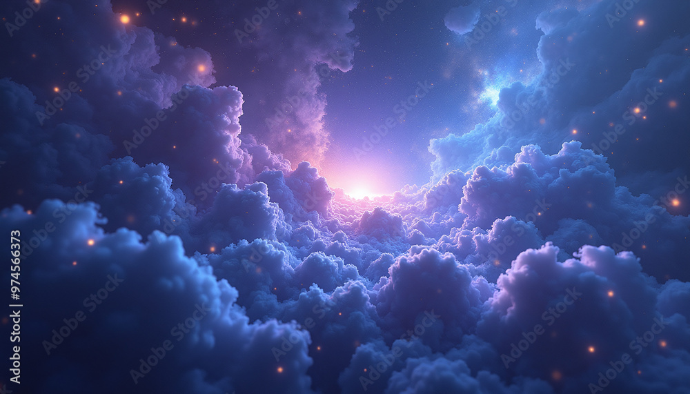 a sky with clouds and stars in the sky and a bright sun