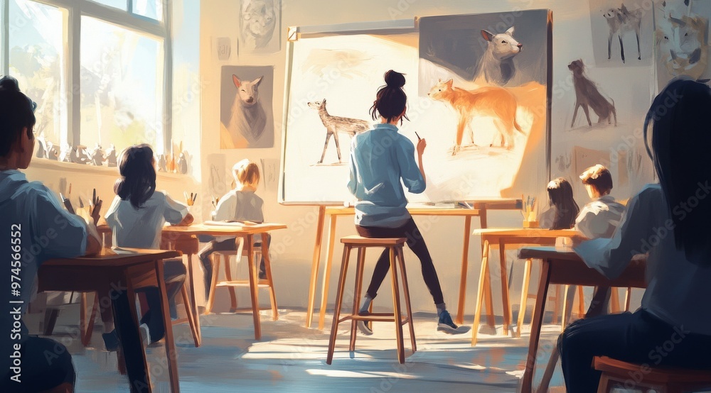 An art class dedicated to drawing animals takes place in a sunlit studio adorned with captivating artwork, where students immerse themselves in creativity and learning An art class dedicated to drawing animals takes place in a sunlit studio adorned with captivating artwork, where students immerse themselves in creativity and learning