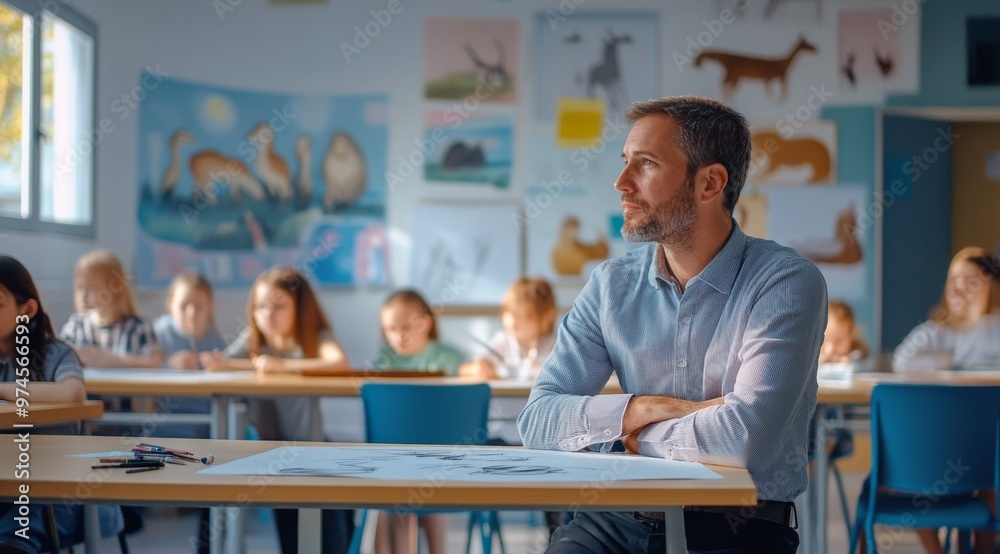 A dedicated art teacher observes his students creating vibrant animal drawings in a bright classroom filled with inspiring artwork on the walls during a sunny afternoon A dedicated art teacher observes his students creating vibrant animal drawings in a bright classroom filled with inspiring artwork on the walls during a sunny afternoon