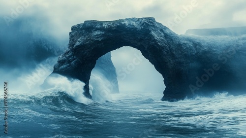 Majestic sea arch, sculpted by relentless waves, rises dramatically from the ocean, showcasing nature's power and beauty in a breathtaking coastal landscape photo