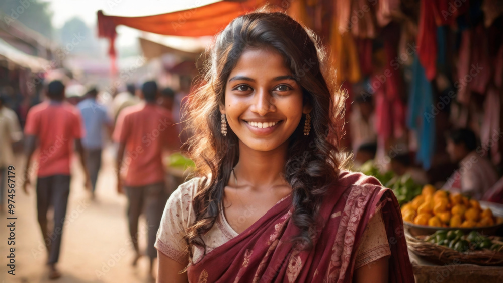 Fototapeta premium Portrait happy woman in traditional Indian attire, standing in marketplace with blurred background, depicting cultural and ethnic diversity