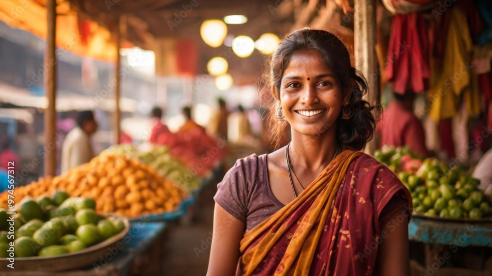 Portrait happy woman in traditional Indian attire, standing in marketplace with blurred background, depicting cultural and ethnic diversity
Portrait happy woman in traditional Indian attire, standing in marketplace with blurred background, depicting cultural and ethnic diversity