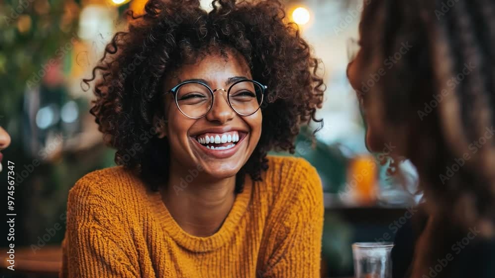 A group of diverse friends laughing together at a cozy coffee shop, capturing an authentic moment of connection and joy.