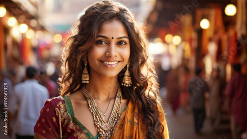 Portrait happy woman in traditional Indian attire, standing in marketplace with blurred background, depicting cultural and ethnic diversity 