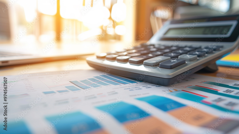 Calculator and financial charts on office desk symbolizing budget planning and financial analysis Calculator and financial charts on office desk symbolizing budget planning and financial analysis