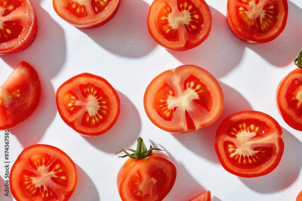 Flat Lay Fresh Tomatoes Pattern on White Background Flat Lay Fresh Tomatoes Pattern on White Background