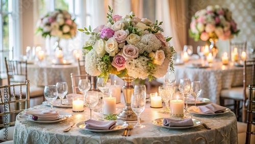 Elegant round table setting for wedding reception featuring lace linens, mercury glass vases, candles, and a lush floral arrangement in soft pastel hues.