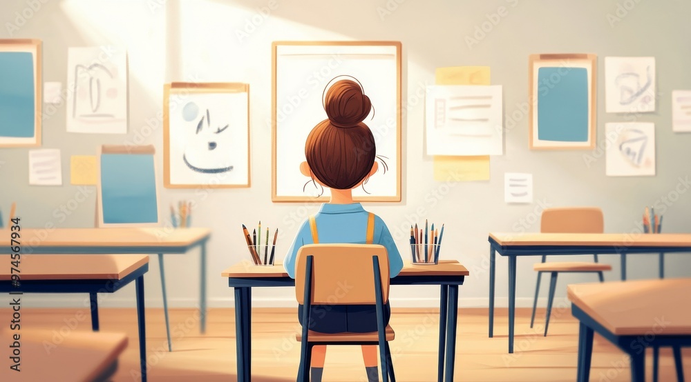 A young artist contemplates her next creation in a bright, inspiring classroom adorned with colorful drawings and art supplies, capturing the essence of creativity and imagination A young artist contemplates her next creation in a bright, inspiring classroom adorned with colorful drawings and art supplies, capturing the essence of creativity and imagination