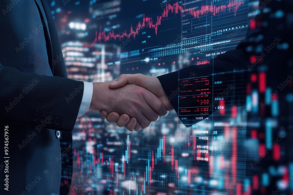 Business Handshake in Front of Stock Market Data Business Handshake in Front of Stock Market Data