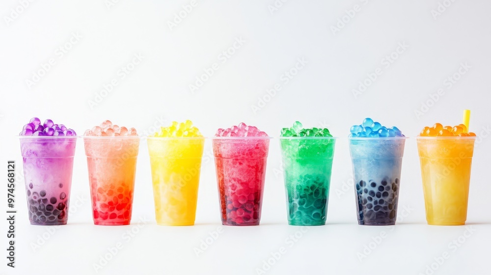 A creative shot of bubble tea cups with rainbow-colored pearls, each cup showcasing a different flavor, placed against a minimalistic white background. A creative shot of bubble tea cups with rainbow-colored pearls, each cup showcasing a different flavor, placed against a minimalistic white background.