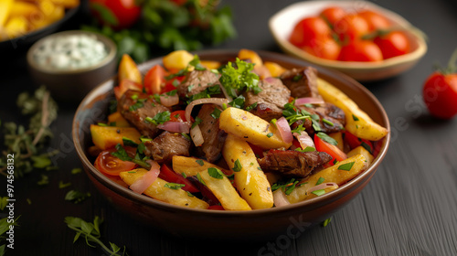 Delicious beef steak served with crispy potatoes and fresh vegetables, garnished with herbs, creating vibrant and appetizing dish perfect for any meal.