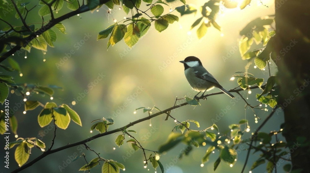 A beautiful bird perched on a branch in the soft morning light among green leaves and dewdrops glistening in the sun. A beautiful bird perched on a branch in the soft morning light among green leaves and dewdrops glistening in the sun.
