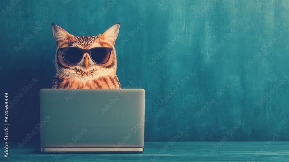 Obraz premium Business concept in minimal of Owl business consultant, reviewing data on a laptop, corporate environment, Copy space for stock photo, no text, no logo, flat design illustration