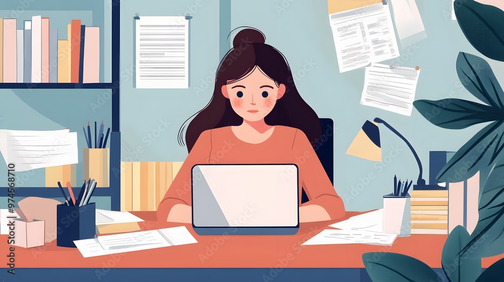 A Woman Working on a Laptop at Her Desk in a Home Office A Woman Working on a Laptop at Her Desk in a Home Office