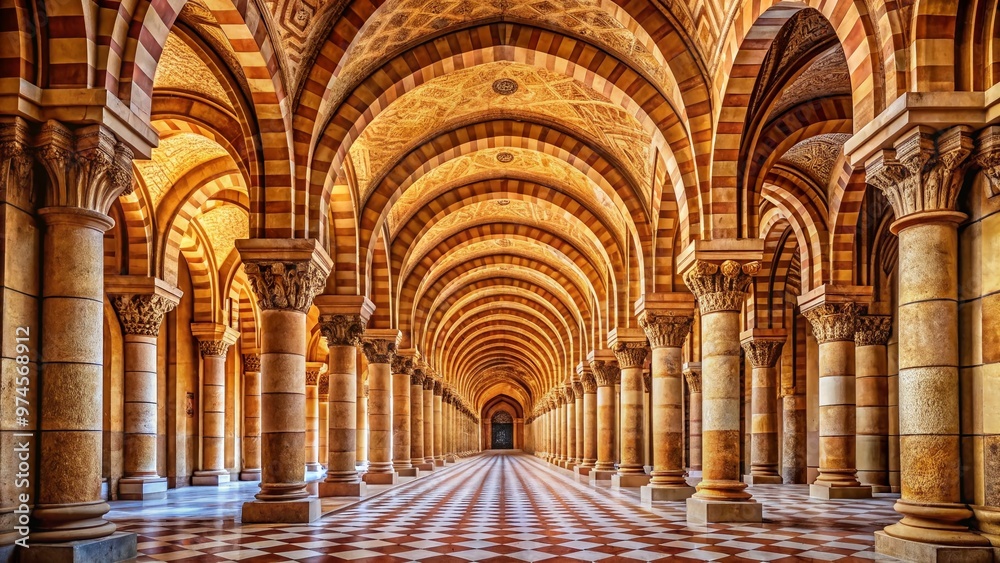 Endless rows of symmetrical arches and columns create a mesmerizing pattern of repetition in a grand, ancient temple's majestic stone architecture. Endless rows of symmetrical arches and columns create a mesmerizing pattern of repetition in a grand, ancient temple's majestic stone architecture.