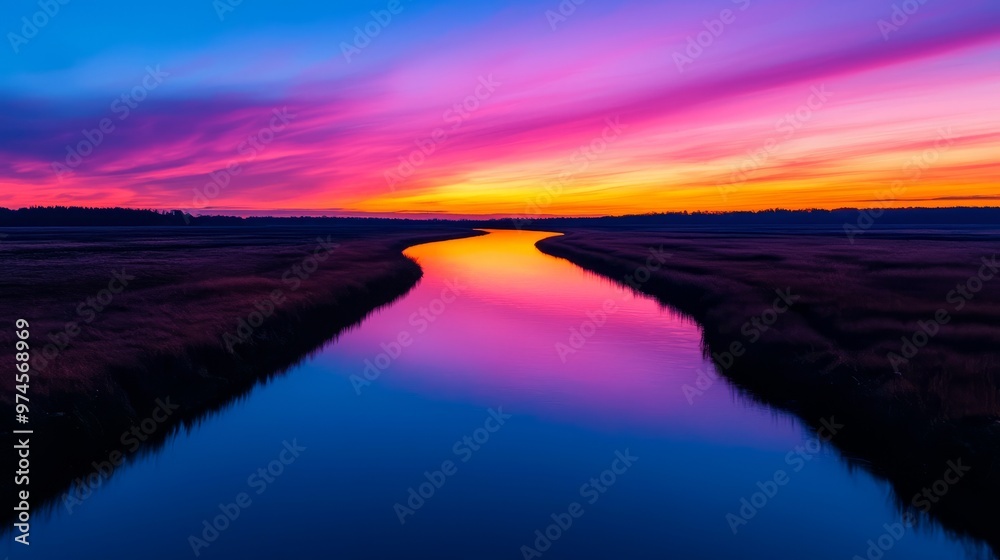 Fototapeta premium Vibrant sunset over a winding river, reflecting colorful clouds in tranquil waters, creating a serene and picturesque landscape.