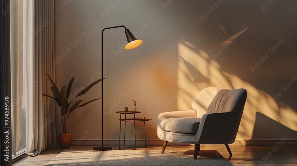 A cozy living room scene featuring stylish armchair, modern floor lamp casting warm light, and small side table with decorative plant. A cozy living room scene featuring stylish armchair, modern floor lamp casting warm light, and small side table with decorative plant.