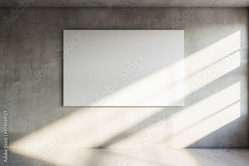 Fototapeta Naklejka Na Ścianę i Meble -  Modern concrete room with blank poster on wall, sunlight casting shadows. 3D Rendering