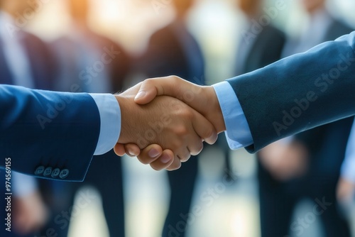 Business Handshake with Team in Background and Sunrise