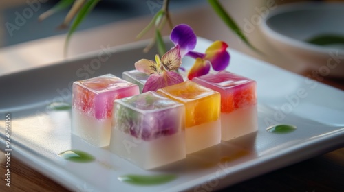 A delicate Thai dessert of coconut milk jelly cubes with colorful layers, artistically arranged on a white dish, showcasing the vibrant and translucent colors.