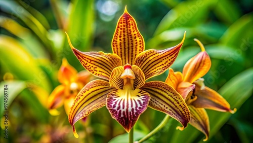 Exotic monkey orchid blooms in vibrant yellow and brown hues, showcasing intricate details and unique shape, set against a lush, verdant green background. photo