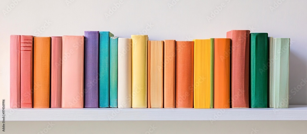 Fototapeta premium A vibrant collection of vintage books neatly arranged on a white shelf in a cozy reading nook