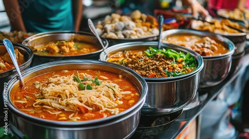 A bustling street food market with vendors selling traditional Thai soups like tom yum, with fragrant lemongrass and chili floating on top.