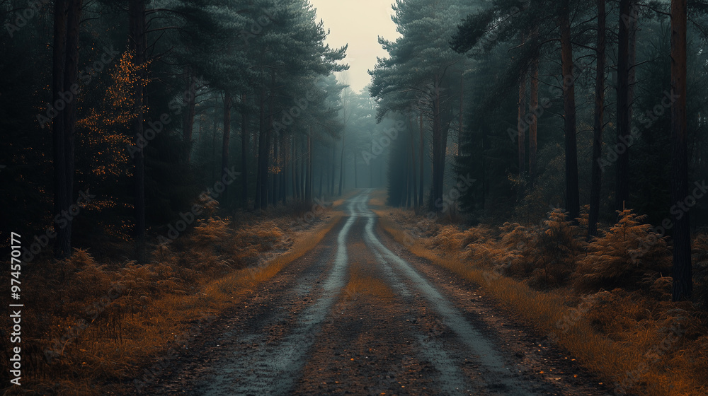 Fototapeta premium A serene forest road stretches into mist, surrounded by tall trees and soft foliage. atmosphere evokes sense of calm and mystery, inviting exploration.