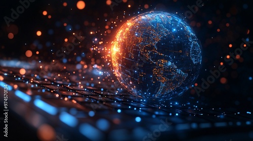 Global Technology Fusion: Laptop Keyboard with Translucent Digital Globe Showing Circuit Patterns Above - Concept of Tech and Global Information Intersection