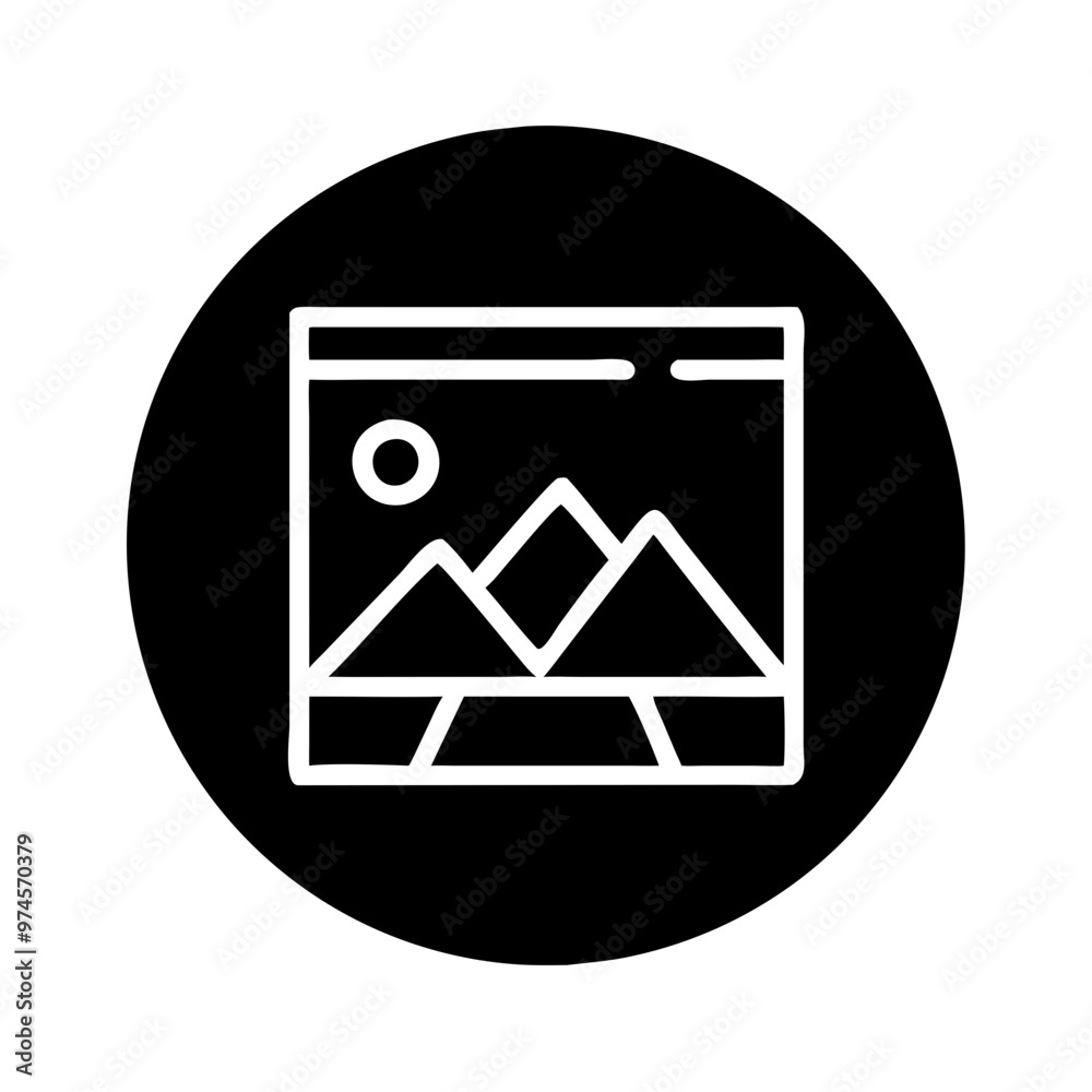 Gallery vector icon depicting mountains and sun on black background, simple design, copy space

