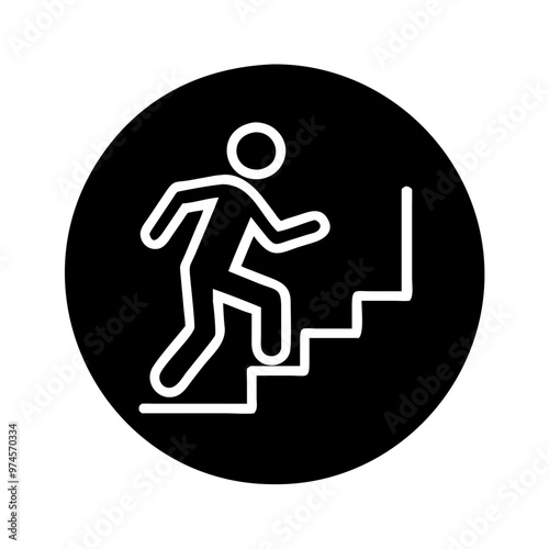 Climbing stairs vector icon depicting a person on black background, simple design, copy space
