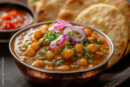 Delicious chole bhature served on a traditional plate with garnishes, perfect for a hearty meal in North India