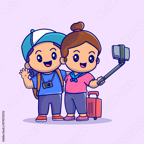 Cute Man And Woman Taking Selfie With Phone Cartoon 
Vector Icon Illustration People Holiday Icon Concept Isolated 
Premium Vector. Flat Cartoon Style