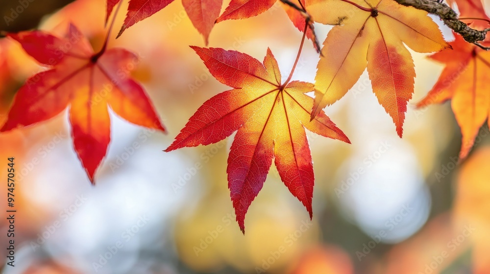 A close-up of bright red, orange, and yellow autumn leaves on a tree, glowing in the sunlight against a clear sky. A close-up of bright red, orange, and yellow autumn leaves on a tree, glowing in the sunlight against a clear sky.