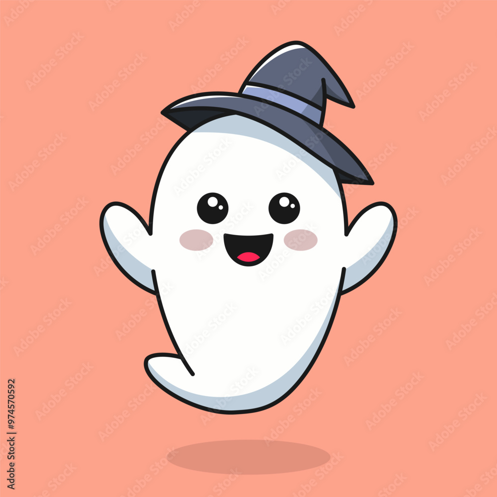 Cute Ghost in Witch Hat. Halloween Background. Vector Illustration Cute Ghost in Witch Hat. Halloween Background. Vector Illustration