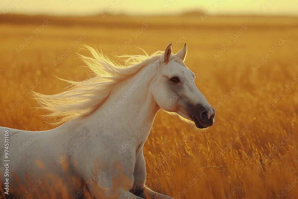 White Horse in Mid-Gallop at Dawn