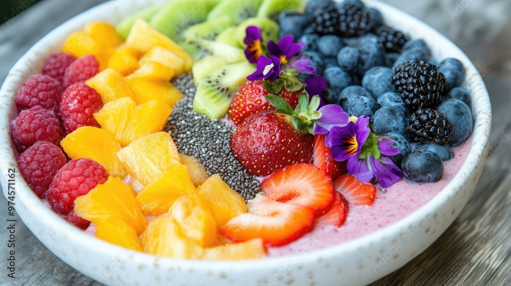 A colorful smoothie bowl topped with a rainbow of fresh fruit, seeds, and edible flowers, arranged beautifully. A colorful smoothie bowl topped with a rainbow of fresh fruit, seeds, and edible flowers, arranged beautifully.