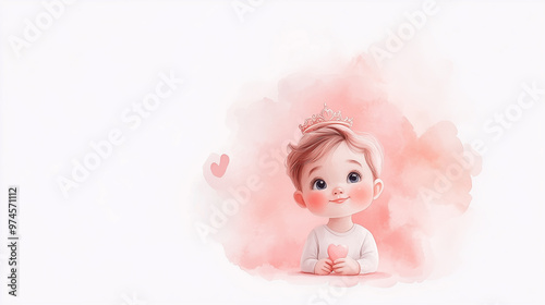 A cute baby wearing crown and holding heart, with soft pink background, radiates innocence and joy.