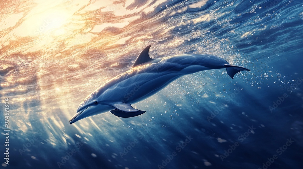 Fototapeta premium Dolphins Dancing in Sunlit Waters, a vibrant scene capturing the elegance of dolphins gliding effortlessly through crystal clear blue waves under a radiant sun