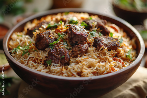 Savor the rich flavors of spicy mutton biryani served in a traditional Indian bowl, garnished with fresh herbs and vibrant vegetables