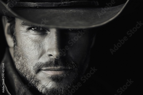 Intense Cowboy Portrait in Black and White