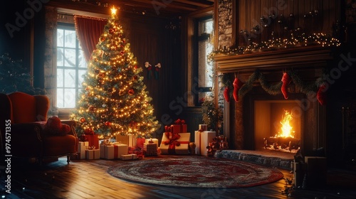 interior christmas magic glowing tree, fireplace, gifts