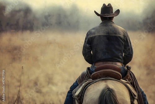 Rear View photo of Cowboy  on horseback