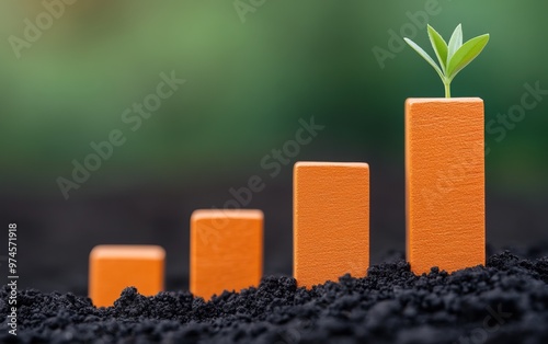 A vibrant growth concept showcasing orange bars symbolizing progress and a sprouting plant, representing sustainability and development.