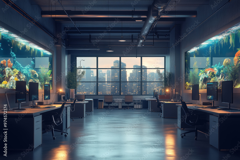 An inspiring open office with aquariums and a city skyline view at sunset fostering creativity and productivity An inspiring open office with aquariums and a city skyline view at sunset fostering creativity and productivity
