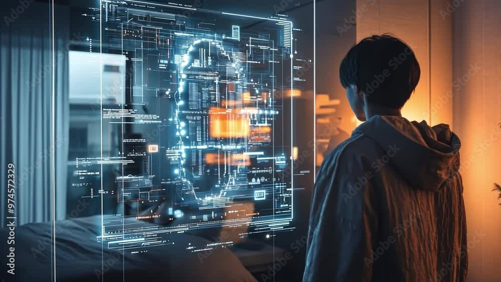A detailed view of an AI-driven smart mirror displaying personalized information as a person stands in front of it, blending daily routines with technology. A detailed view of an AI-driven smart mirror displaying personalized information as a person stands in front of it, blending daily routines with technology.