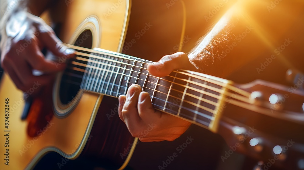 Obraz premium Musician’s Hand Playing a Guitar: A musician's hand strumming a guitar, with focus on the strings and hand movements.