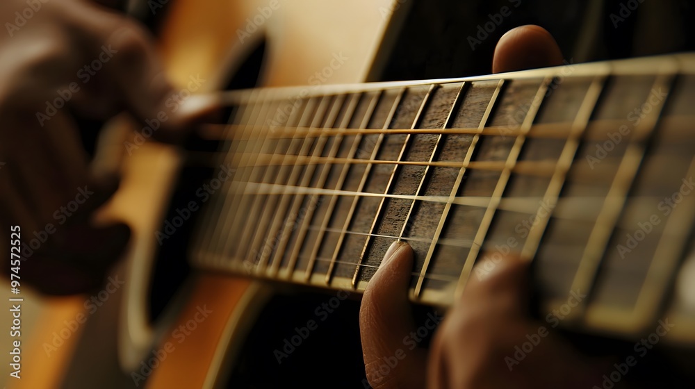 Fototapeta premium Musician’s Hand Playing a Guitar: A musician's hand strumming a guitar, with focus on the strings and hand movements. 