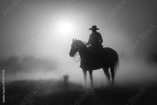 Monochrome Cowboy Silhouette on Horseback at Sunset